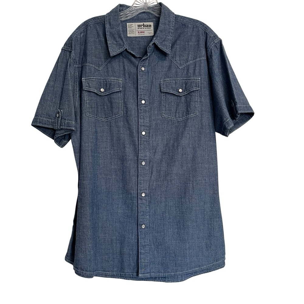 Urban Pipeline Sz XL Shirt Mens Blue Denim Chambray Short Sleeve‎ Pearl Snap